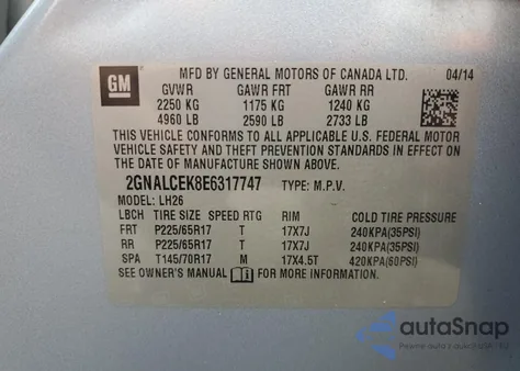 2014 Chevrolet Equinox Lt from USA, damaged, VIN 2GNALCEK8E6317747